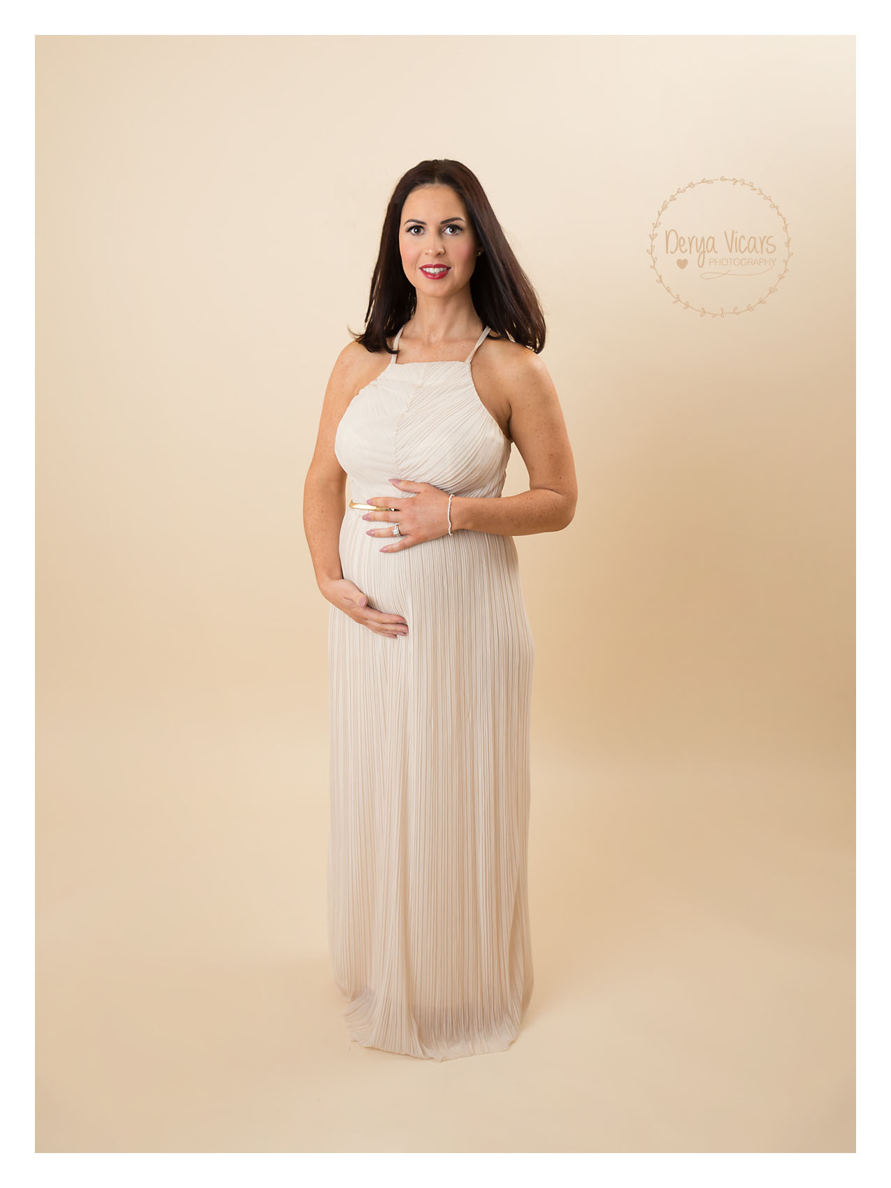 Portrait Maternity Photo with Full Length White Lace Dress
