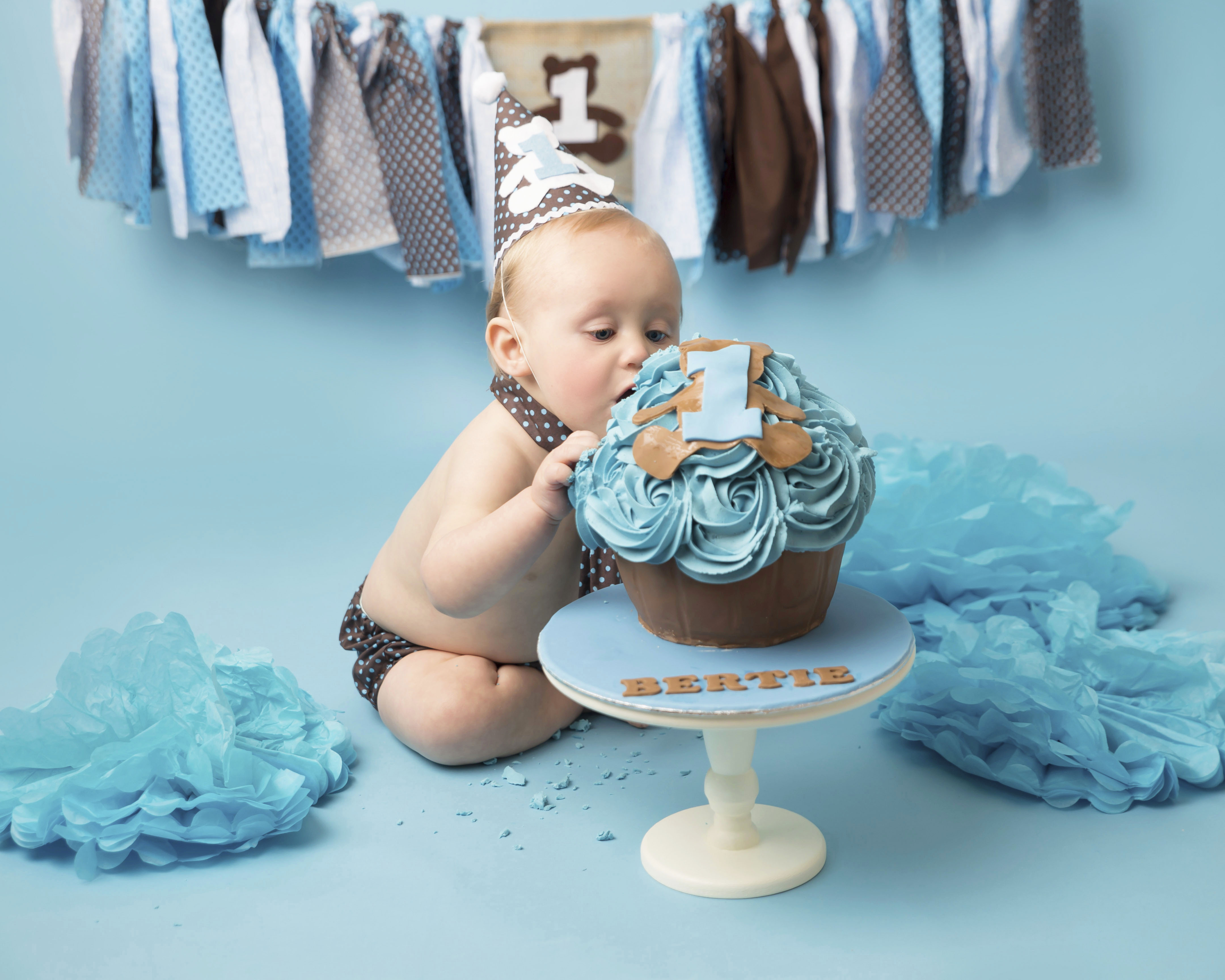 1st Birthday Cake Smash Photo Session Wirra, cake with blue icing along with brown matching costume and bunting